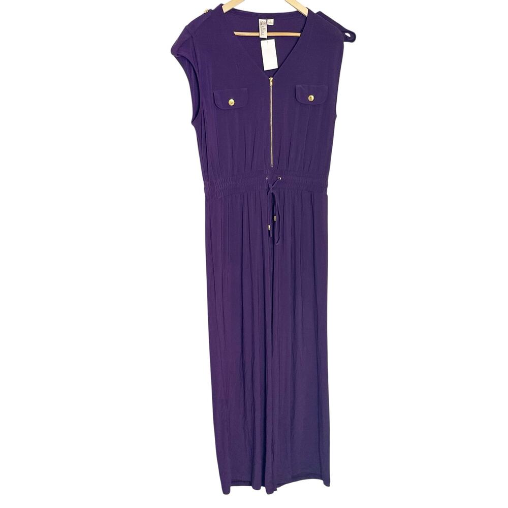 Emma & Michele Purple Wide Leg Zip V-Neck Cap Sleeve Travel Utility Jumpsuit L